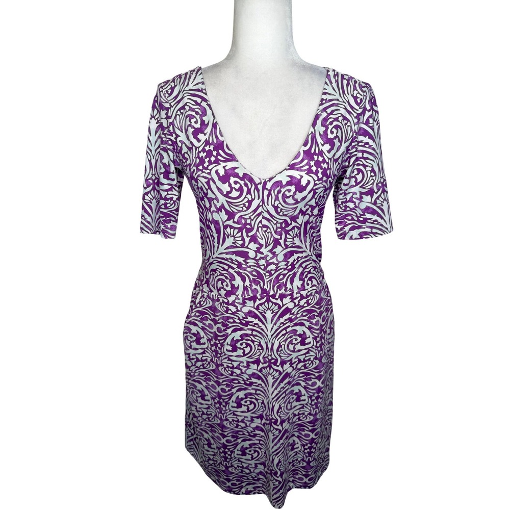 J.McLaughlin Purple Damask Scroll Sheath Dress V-Neck Catalina Cloth S  Preppy